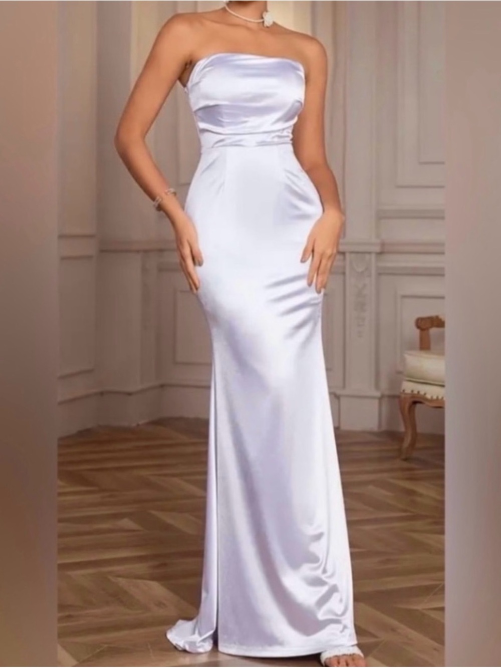 Strapless White Satin Evening Gown